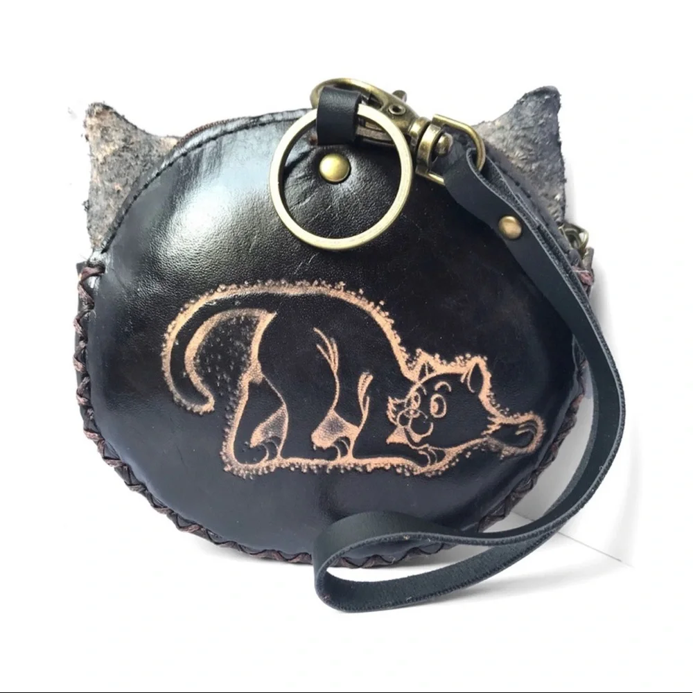 Genuine Leather Handmade Sugar Skull Kitty Coin Purse Wristlet - Picture 3 of 4